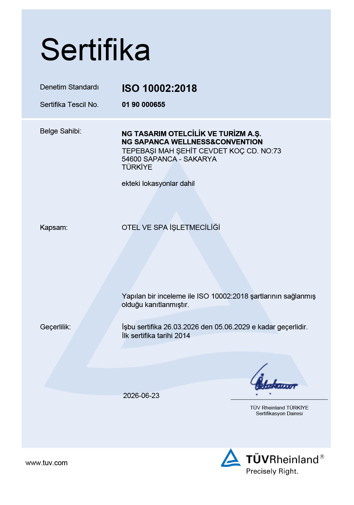 Ng Sapanca Iso Sertifikasi 10002