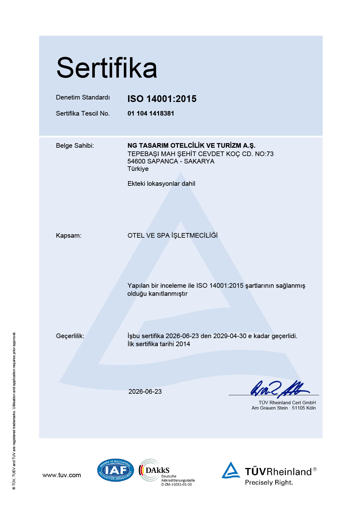 Ng Sapanca Iso Sertifikasi 14001