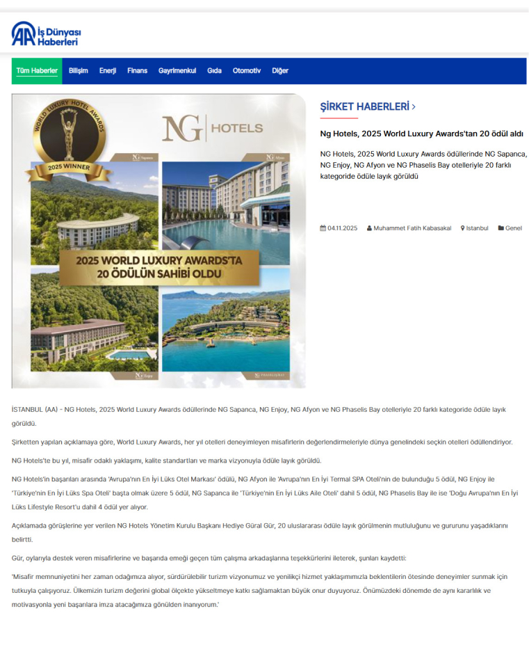 Ng Hotels Basında Biz Yirmi Odul
